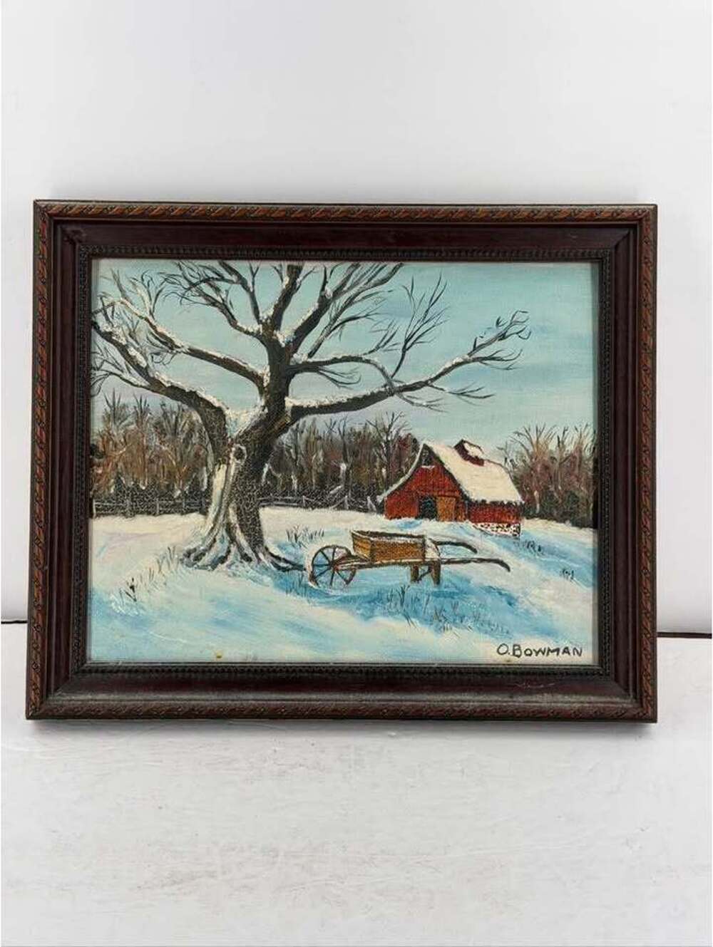 Vintage O. Bowman Signed Winter Landscape Oil Painting Framed